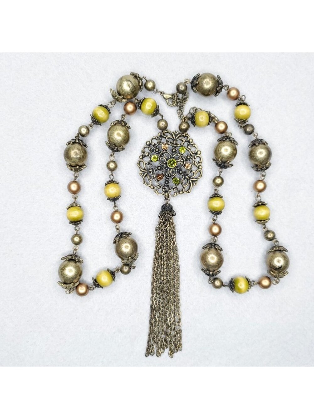 Vintage VCLM Necklace Victorian Revival Beaded Rhinestone Tassel Green Brown 26"
